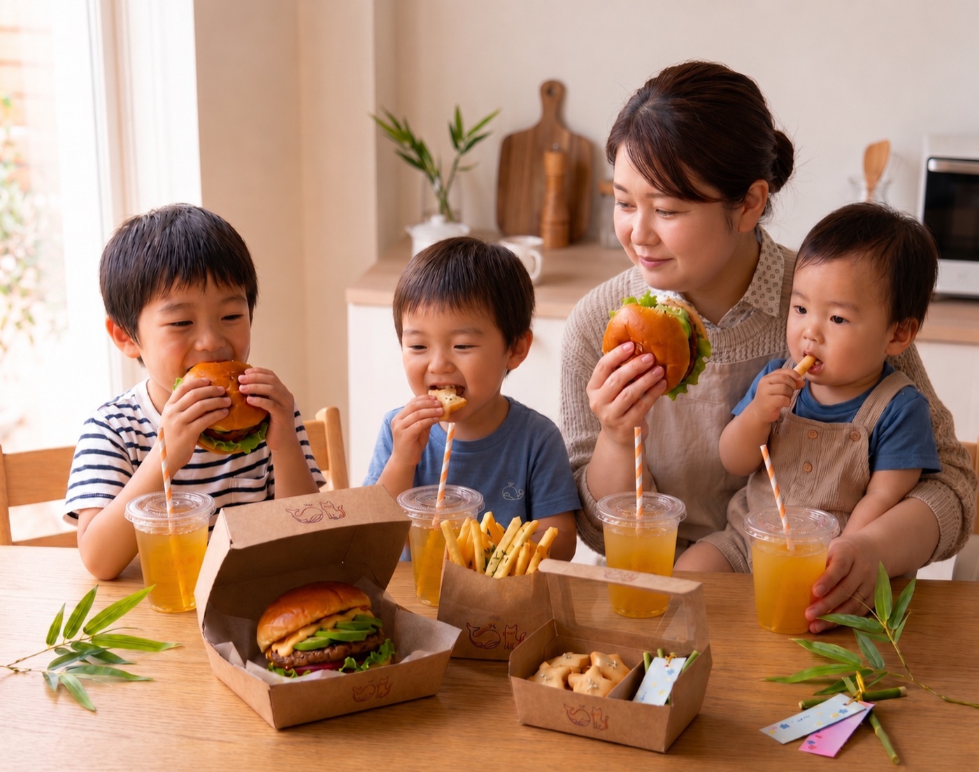ハンバーガーセットを楽しむ家族